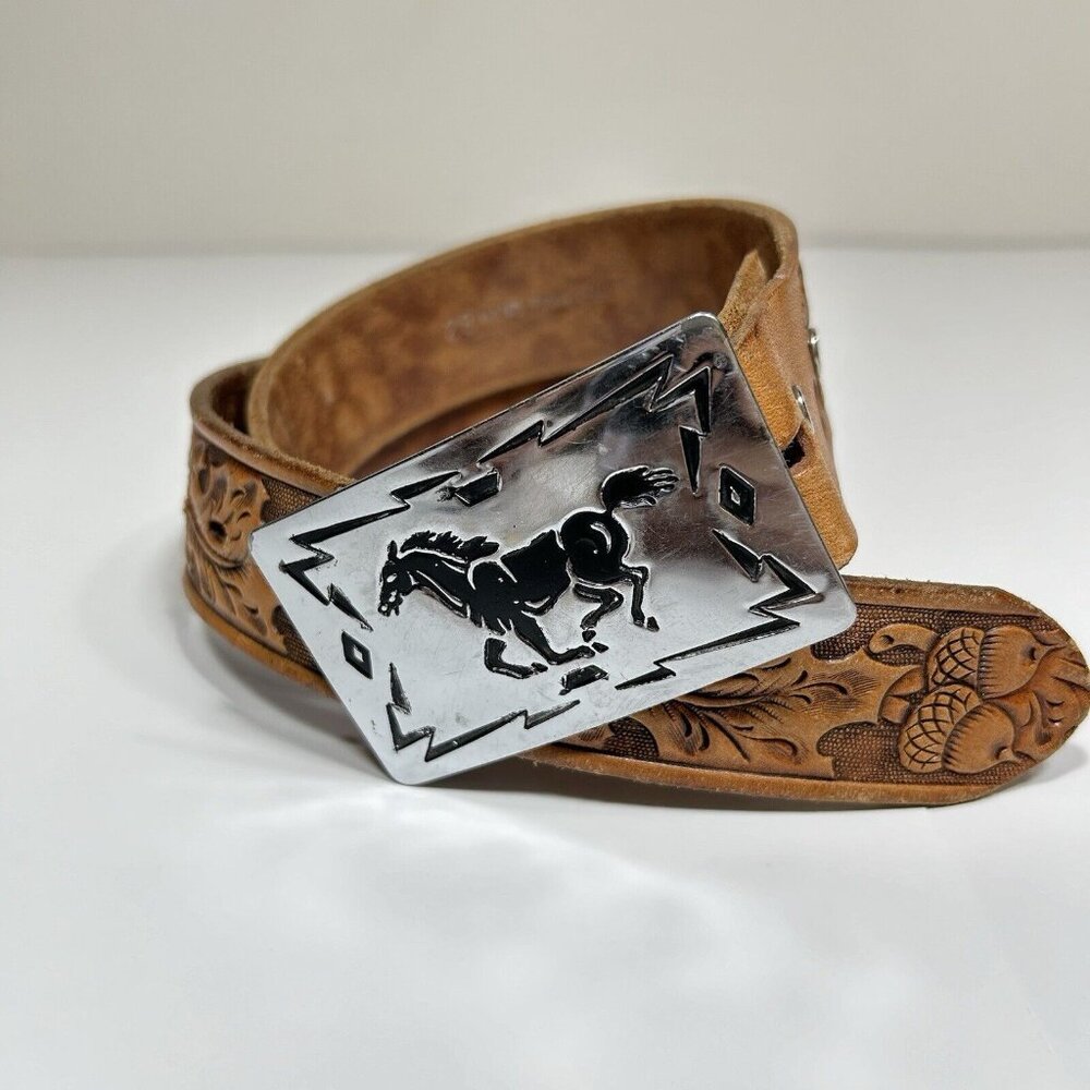 Vintage Sears Chambers Horse Western Belt Buckle Steerhide Leather Youth Belt 28